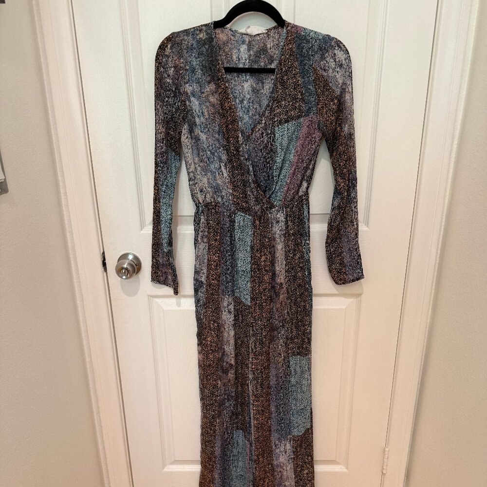 BCBGENERATION ANIMAL PRINT LONG-SLEEVE V-NECK WIDE LEG JUMPSUIT XS